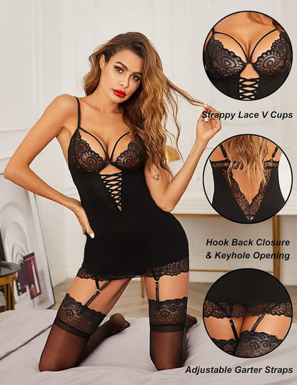 Garter Lingerie for Women Sexy Lace Babydoll Full Slips Chemise Sleepwear S-XXXL