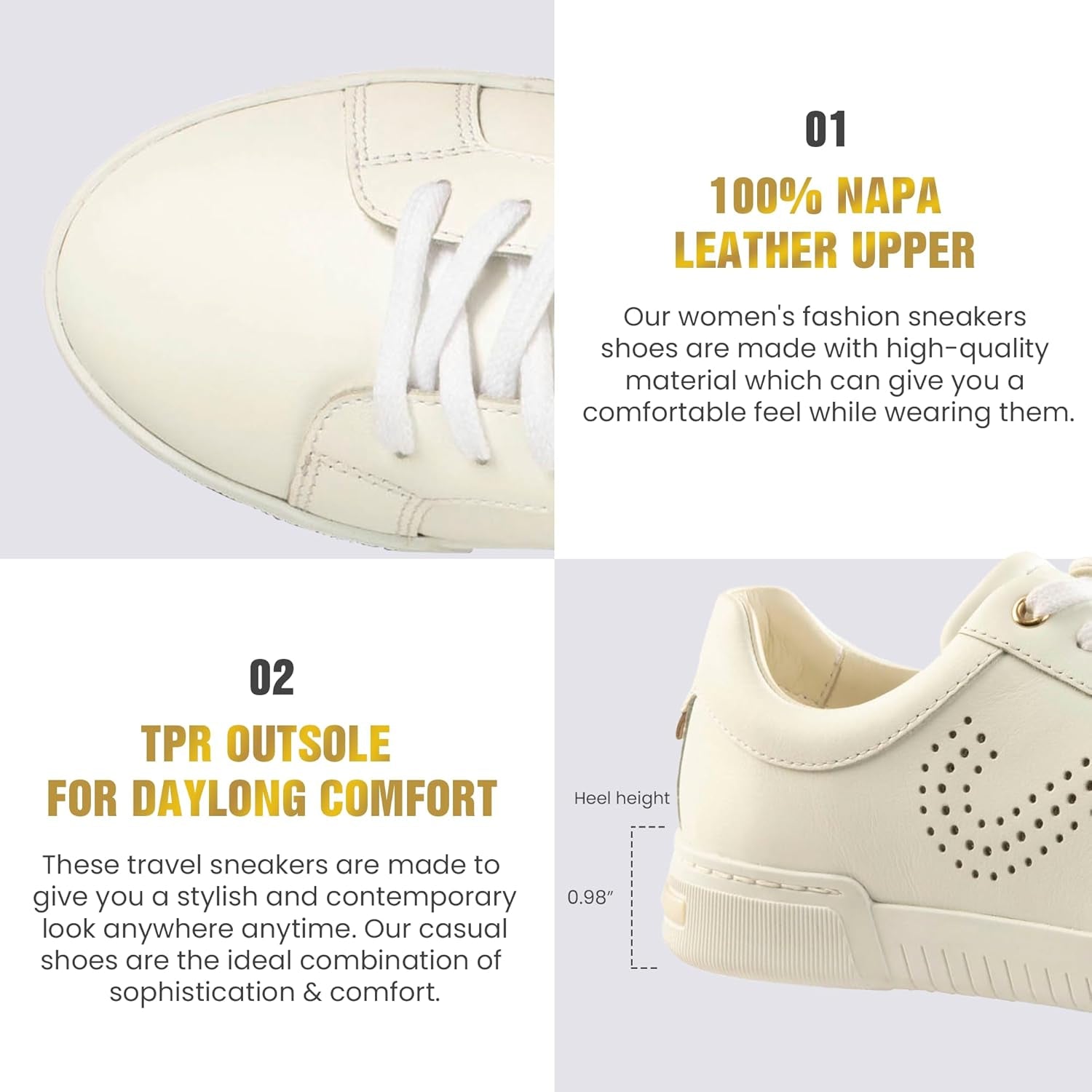 Women'S Fashion Sneakers – Genuine Leather Casual Shoes, Comfortable Cushioned Insole, TPR Rubber Sole, Stylish Lifestyle, Lightweight and Durable Travel Sneakers