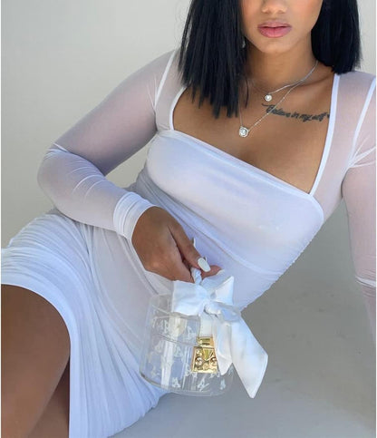 Women'S Sexy Sheer Mesh Long Sleeve Square Neck Ruched Bodycon Mini Club Dress